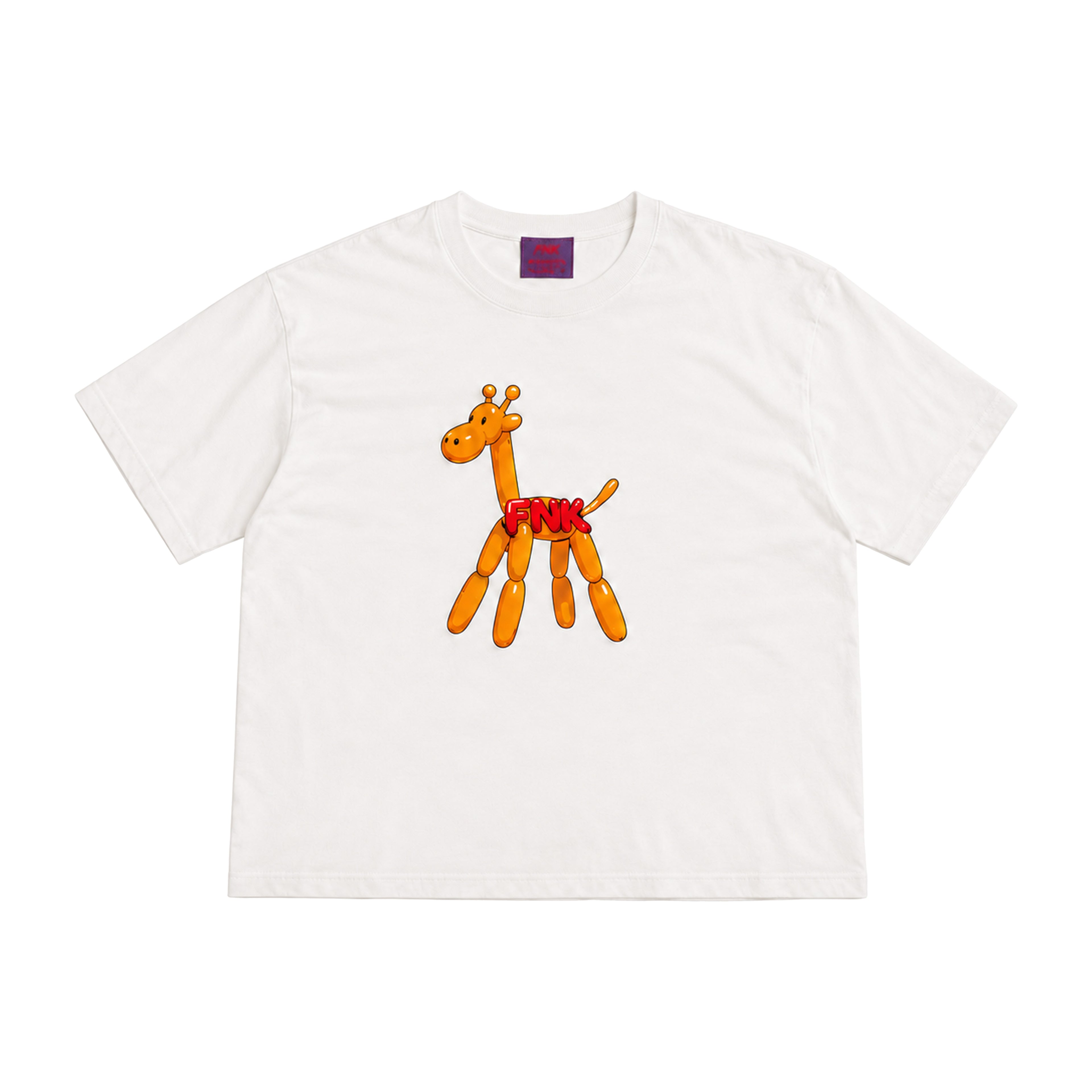 Sahara white T-shirt – front view with orange FNK giraffe graphic