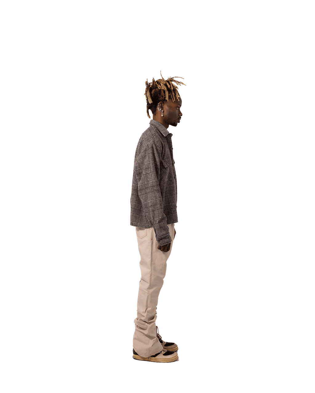 Shonuff Mohair Flannel in gray, black and tan plaid – styled on model from the side