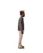 Shonuff Mohair Flannel in gray, black and tan plaid – styled on model from the side