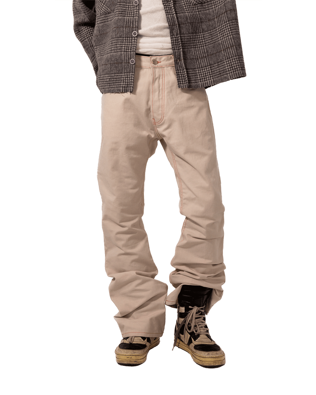 Shonuff Mohair Flannel in gray, black and tan plaid – styled on model from the back