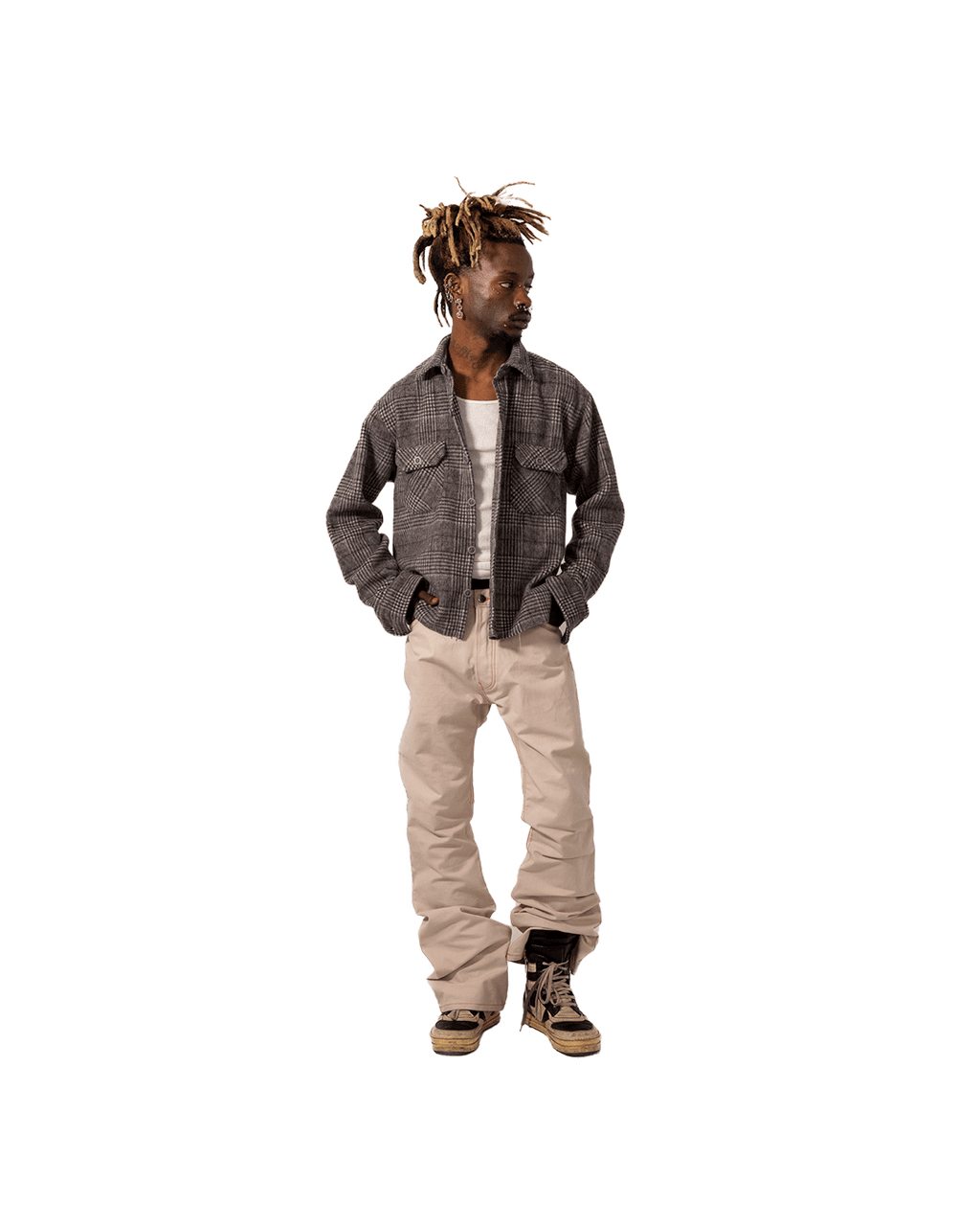 Shonuff Mohair Flannel in gray, black and tan plaid – styled on model from the front