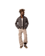 Shonuff Mohair Flannel in gray, black and tan plaid – styled on model from the front