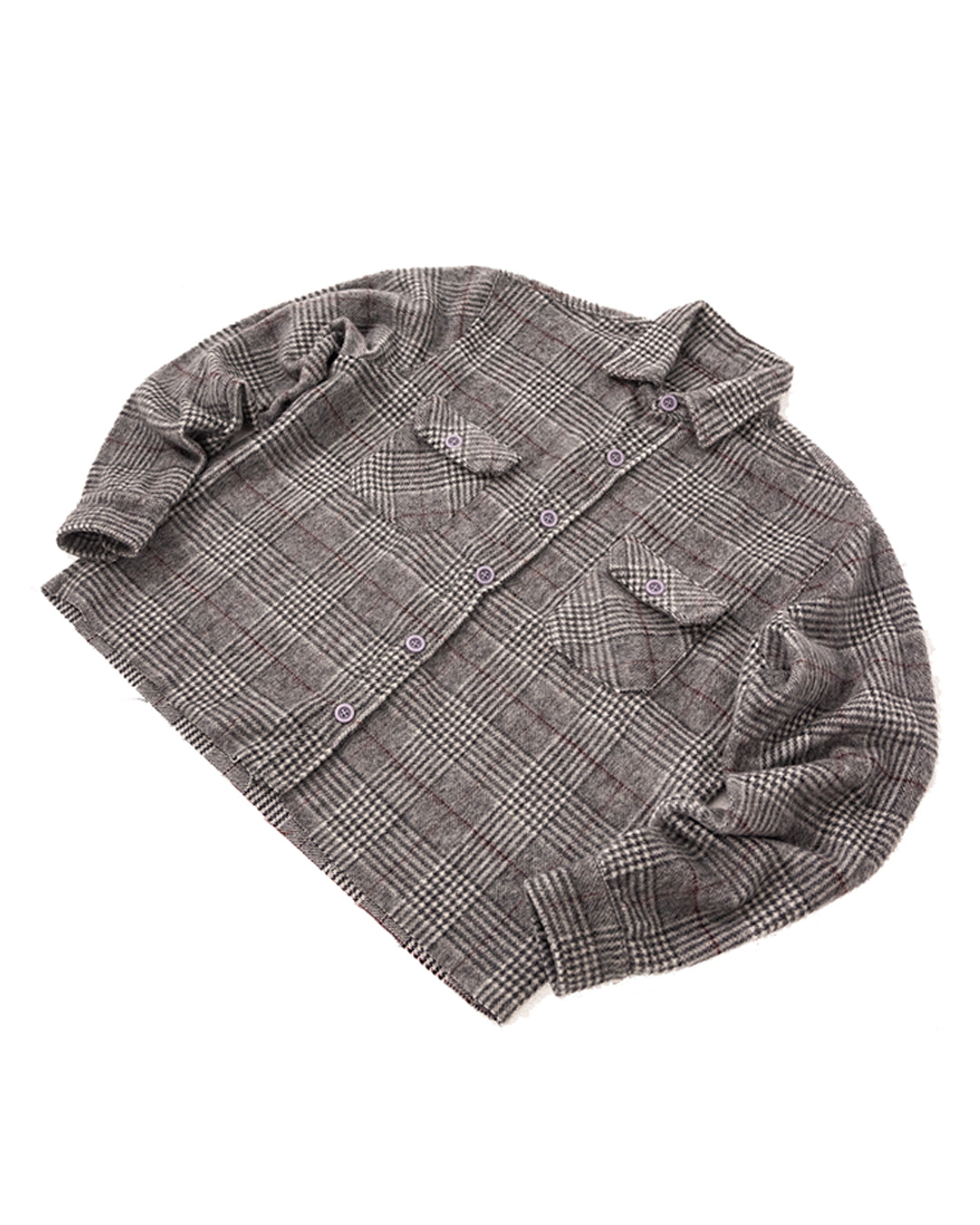 Shonuff Mohair Flannel in gray, black and tan plaid – angled flat lay
