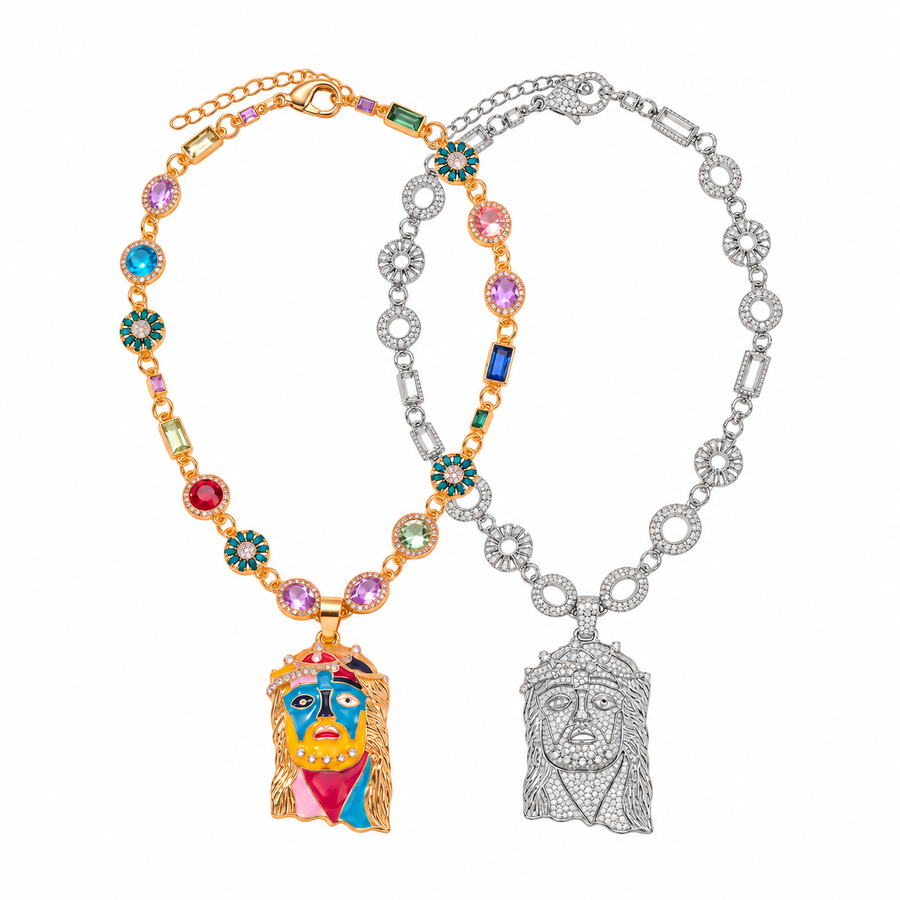 Lucky Charm and Glacier Berry complete chains overlapping on white, both pendants fully visible