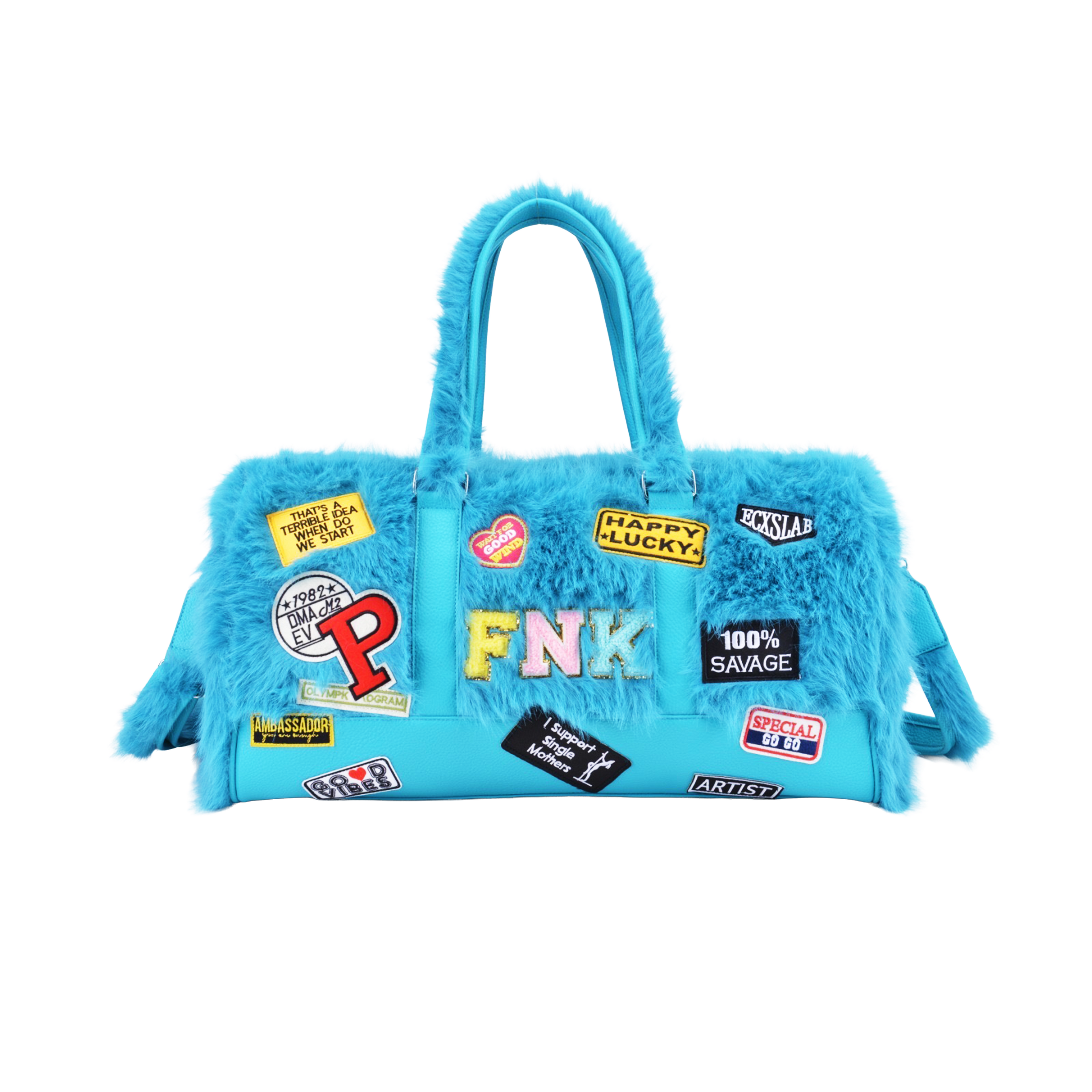 Big Leagues blue faux-fur duffle bag – angled product view