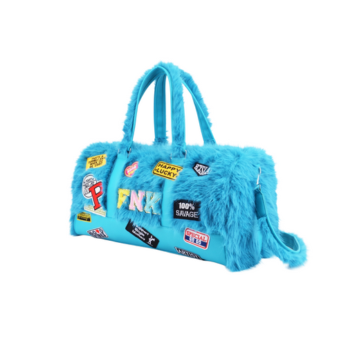 Big Leagues blue faux-fur duffle bag – front product view with patches