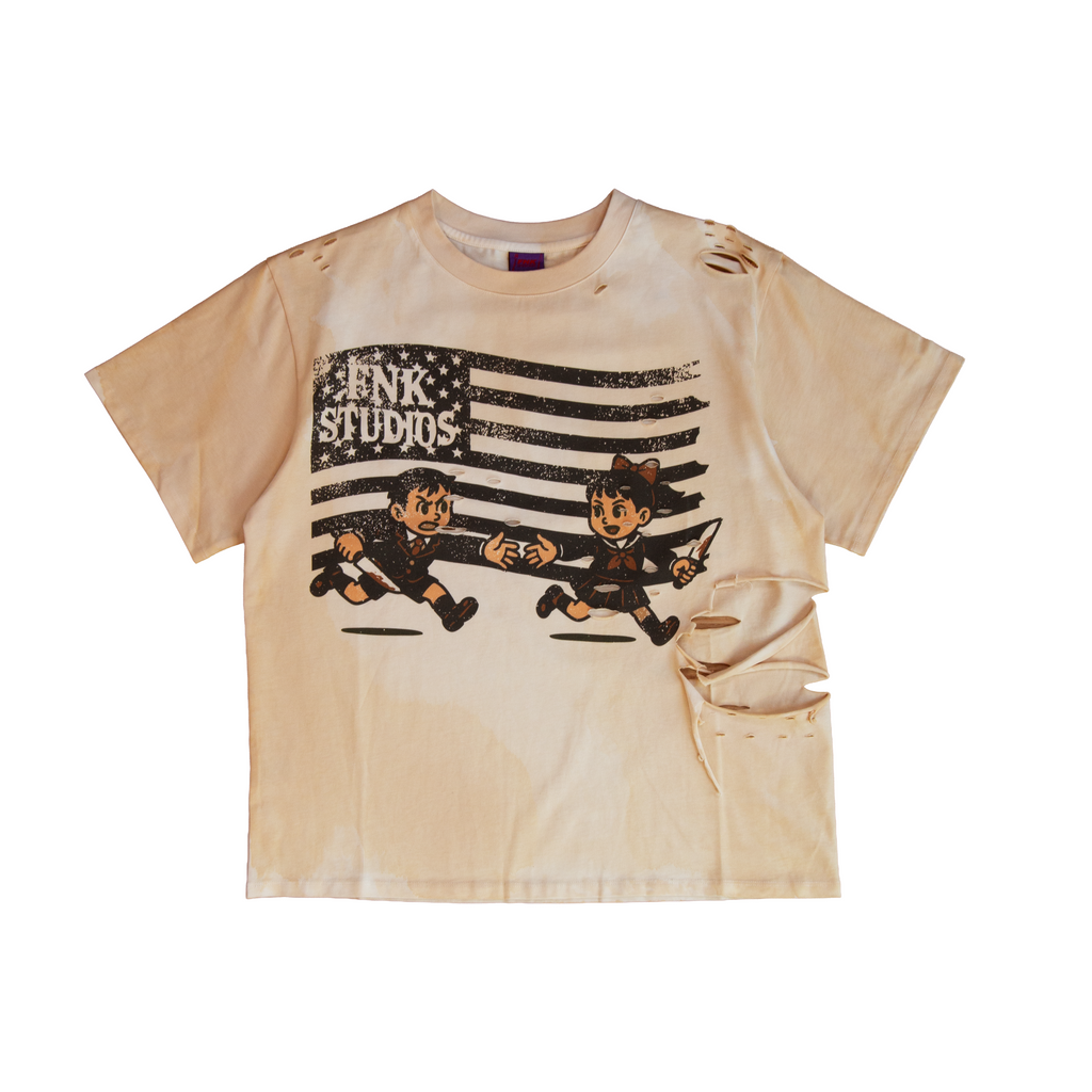 Dstry Us cream distressed T-shirt – front view with FNK Studios flag graphic