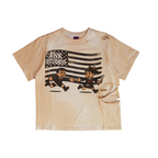 Dstry Us cream distressed T-shirt – front view with FNK Studios flag graphic