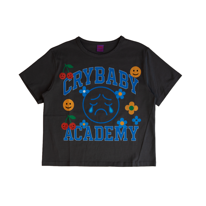 Rivals Academy charcoal T-shirt – front view with Crybaby Academy graphic
