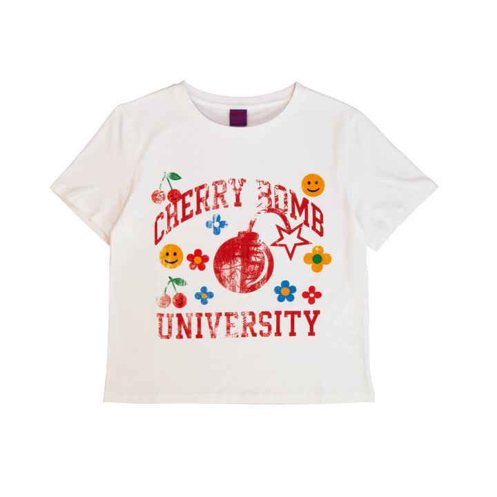 Vintage Alt cream jersey T-shirt – front view with Cherry Bomb University graphic