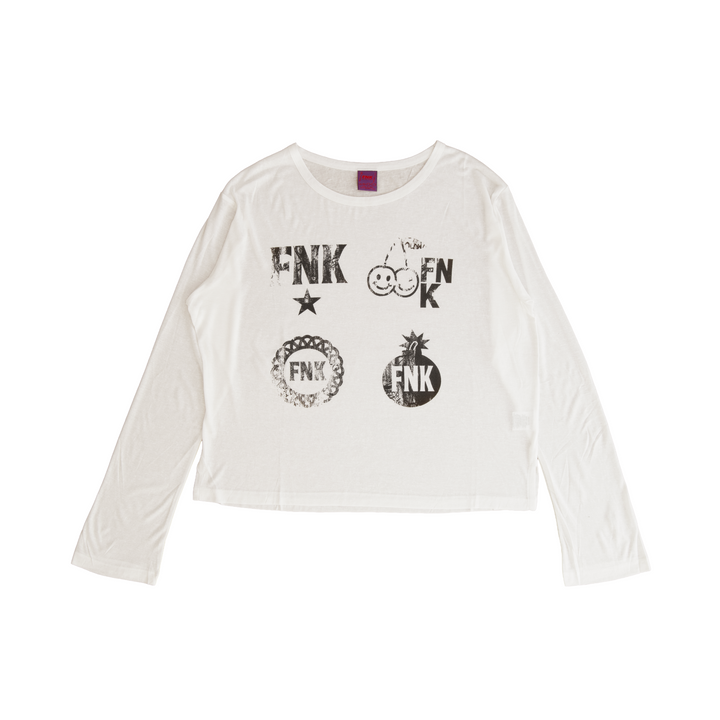 Insignia white semi-sheer long-sleeve T-shirt – front view with four FNK graphics