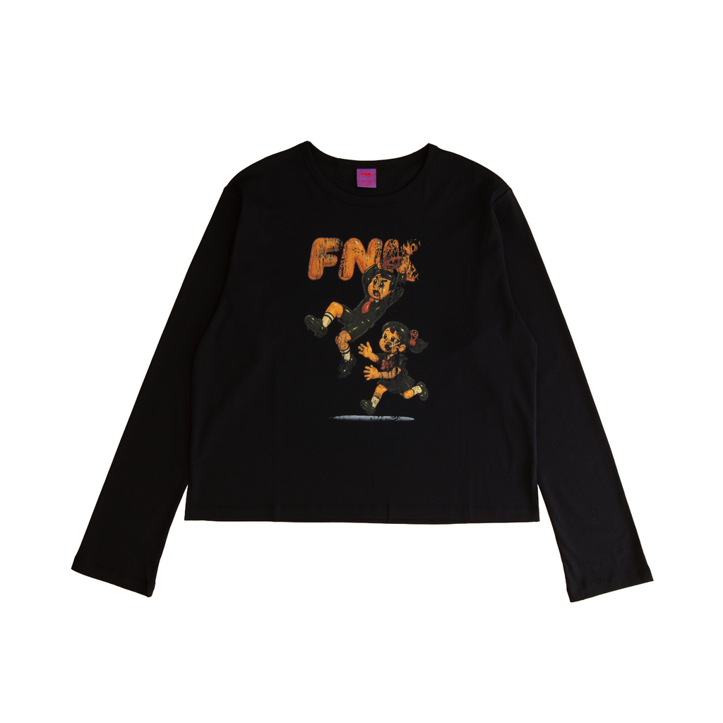 Moss black long-sleeve T-shirt – front view with vintage FNK character graphic