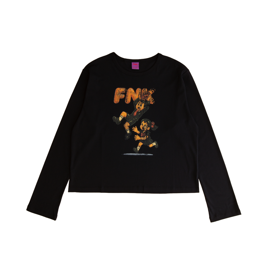 Moss black long-sleeve T-shirt – front view with vintage FNK character graphic