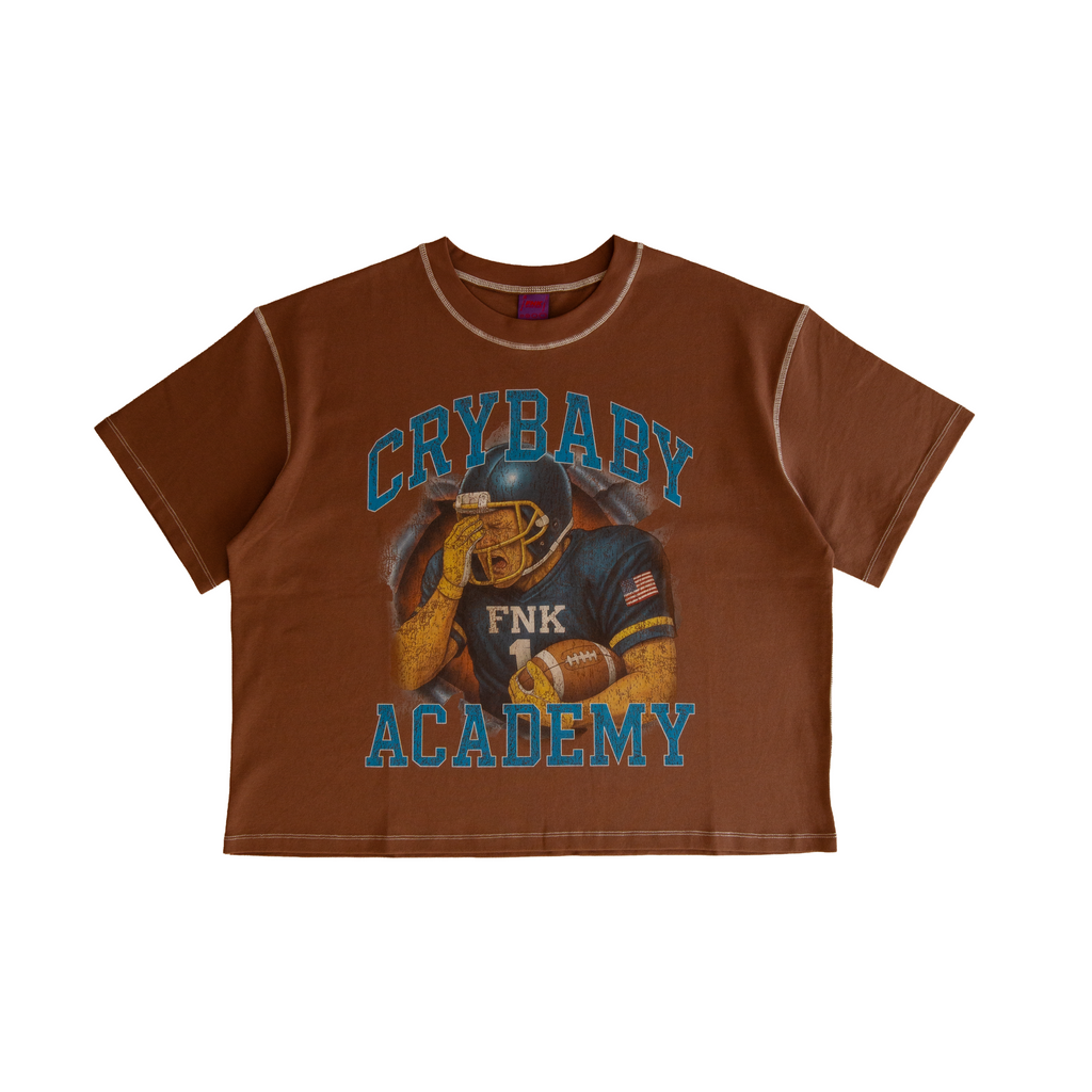 Sore Loser brown T-shirt – front view with Crybaby Academy football graphic