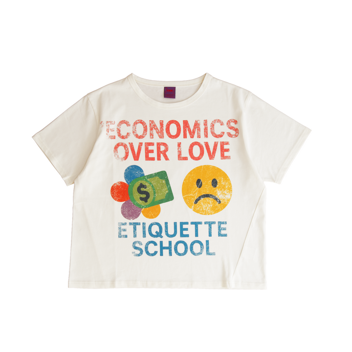 EOL cream cropped T-shirt – front view with Economics Over Love graphic