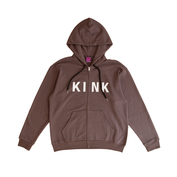 Outkast brown zip-up hoodie – front view with split white chest lettering