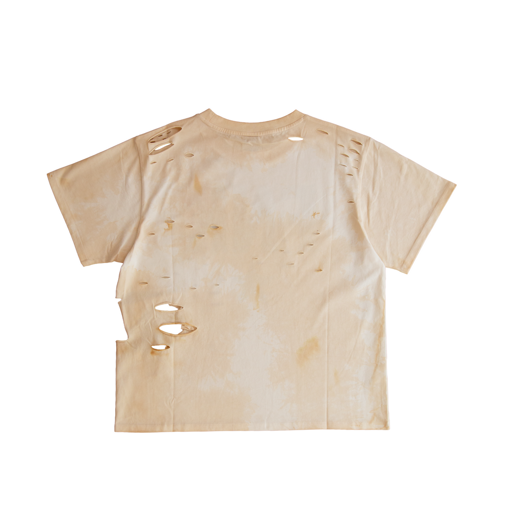 Dstry Uniform cream distressed T-shirt – back view with seam distressing