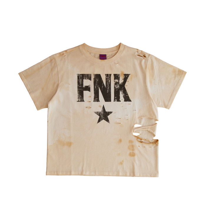 Dstry Uniform cream distressed T-shirt – front view with FNK star graphic