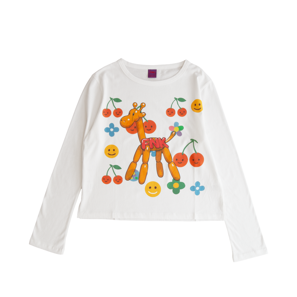 Sahara white long-sleeve T-shirt – front view with multicolor FNK giraffe graphic