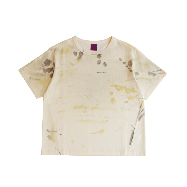 Painters cream T-shirt – front view with paint marks