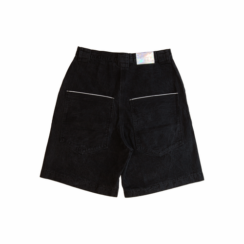 Big Denim Jhorts in black selvedge denim – back view with oversized patch pockets