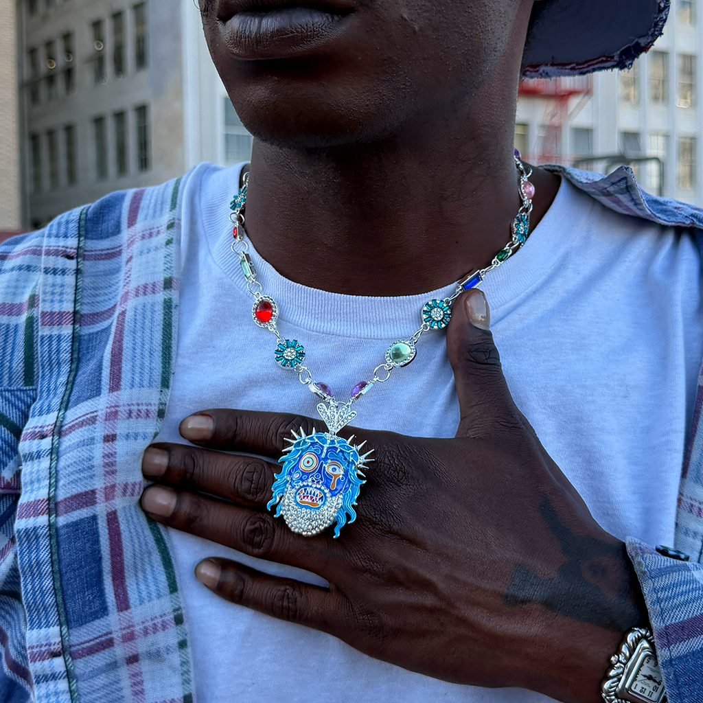 Guava Berry silver-tone statement chain – styled on model outdoors