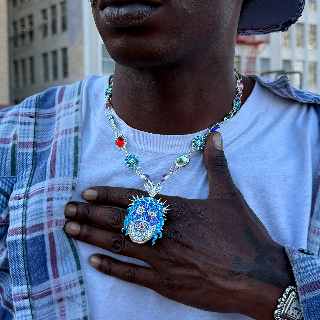 Guava Berry silver-tone statement chain – styled on model outdoors