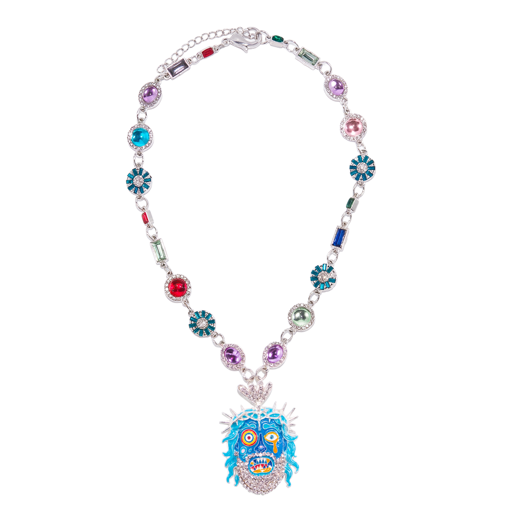Guava Berry silver-tone statement chain – full chain and blue face pendant