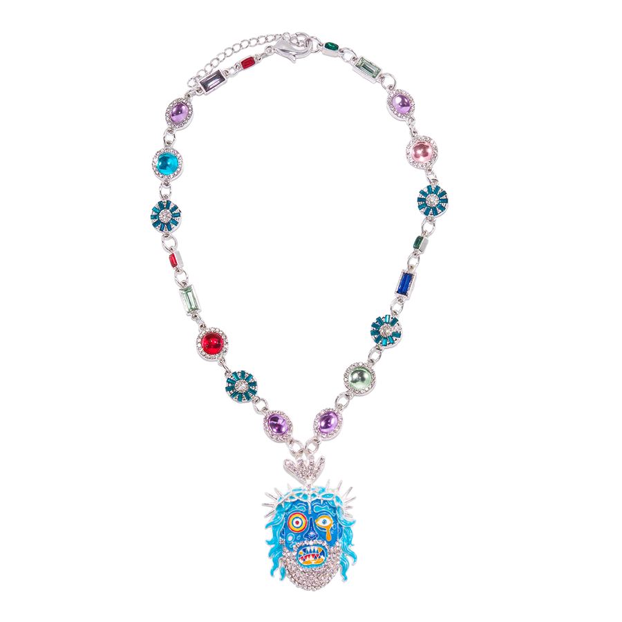 Guava Berry silver-tone statement chain – full chain and blue face pendant