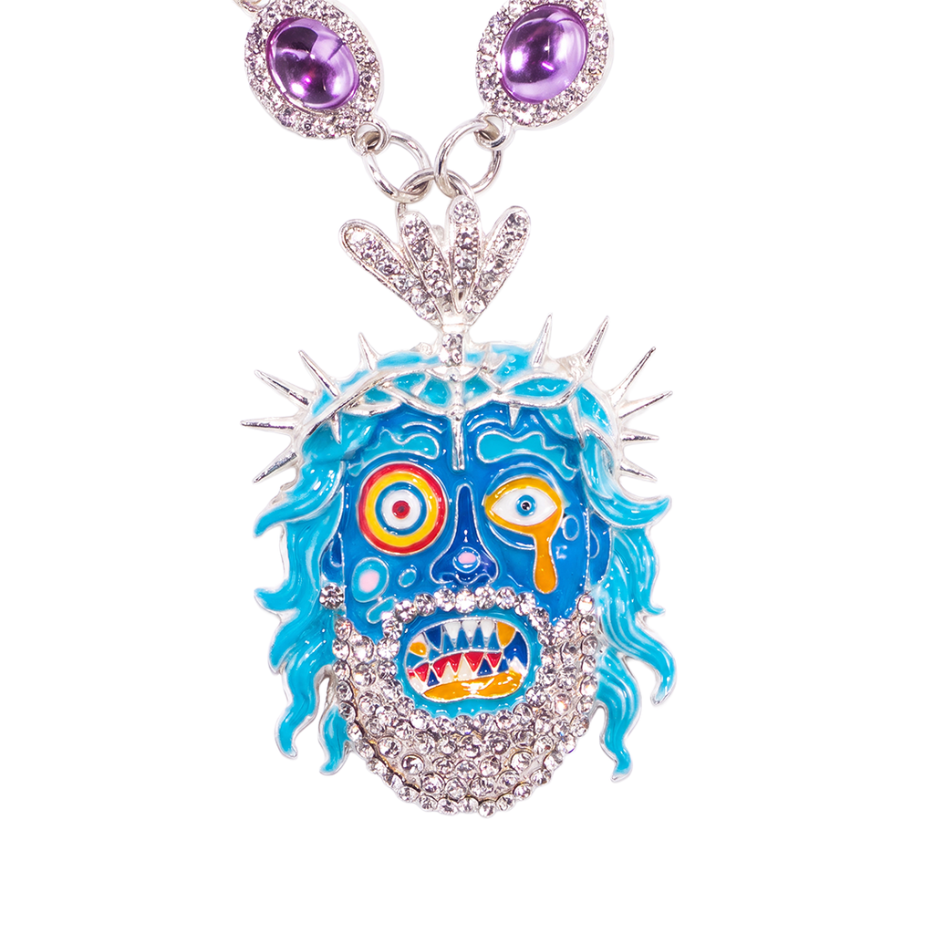 Guava Berry silver-tone statement chain – blue face pendant close-up