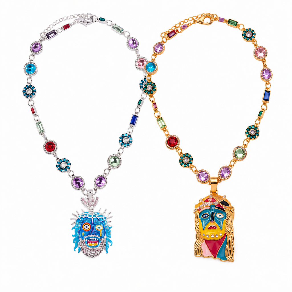 Lucky Guava Bundle featuring the silver-tone Guava Berry Chain and gold-tone Lucky Charm Mona Lisa Jesus Chain on white.