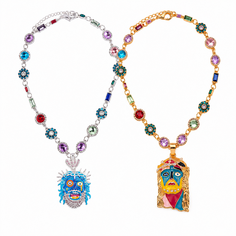 Lucky Guava Bundle featuring the silver-tone Guava Berry Chain and gold-tone Lucky Charm Mona Lisa Jesus Chain on white.