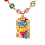 Lucky Charm Mona Lisa gold-tone chain – hand-painted face pendant close-up
