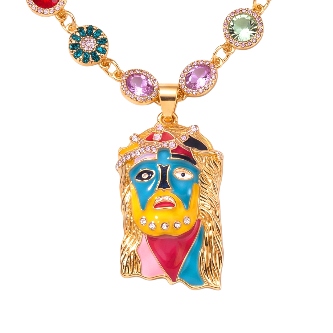 Lucky Charm Mona Lisa gold-tone chain – hand-painted face pendant close-up