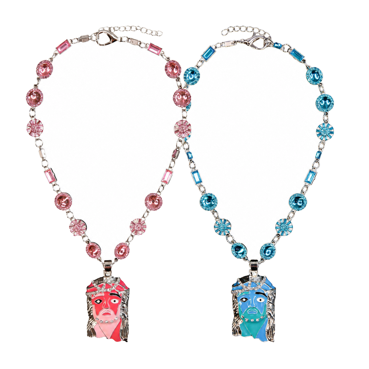 Pink Lemonade and Blueberry Mona Lisa Jesus chains side by side on white