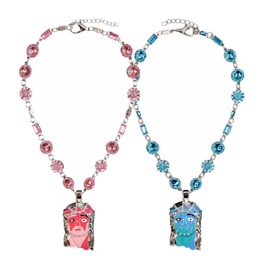 Pink Lemonade and Blueberry Mona Lisa Jesus chains side by side on white