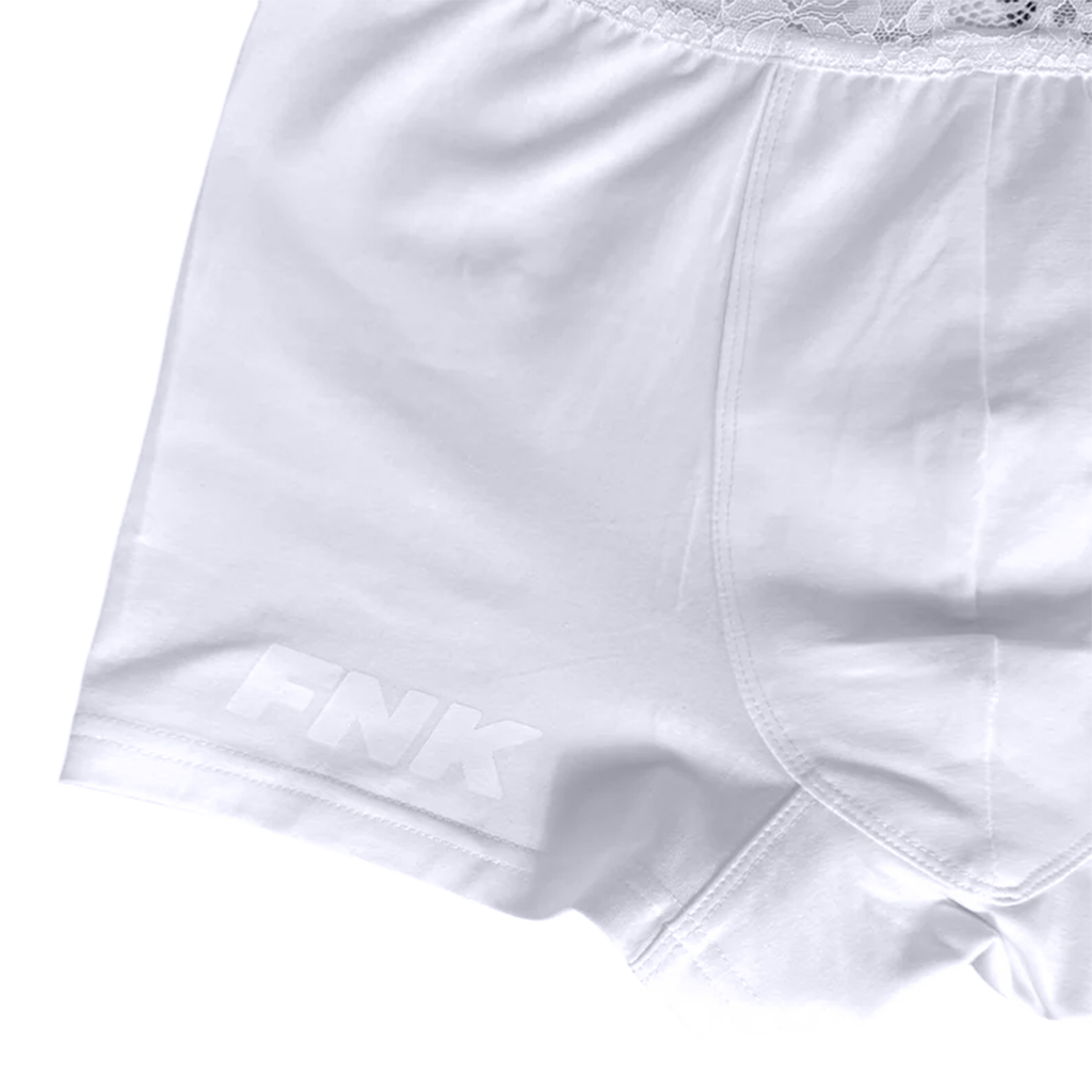 Regina white lace boxer briefs – lace waistband and FNK logo close-up