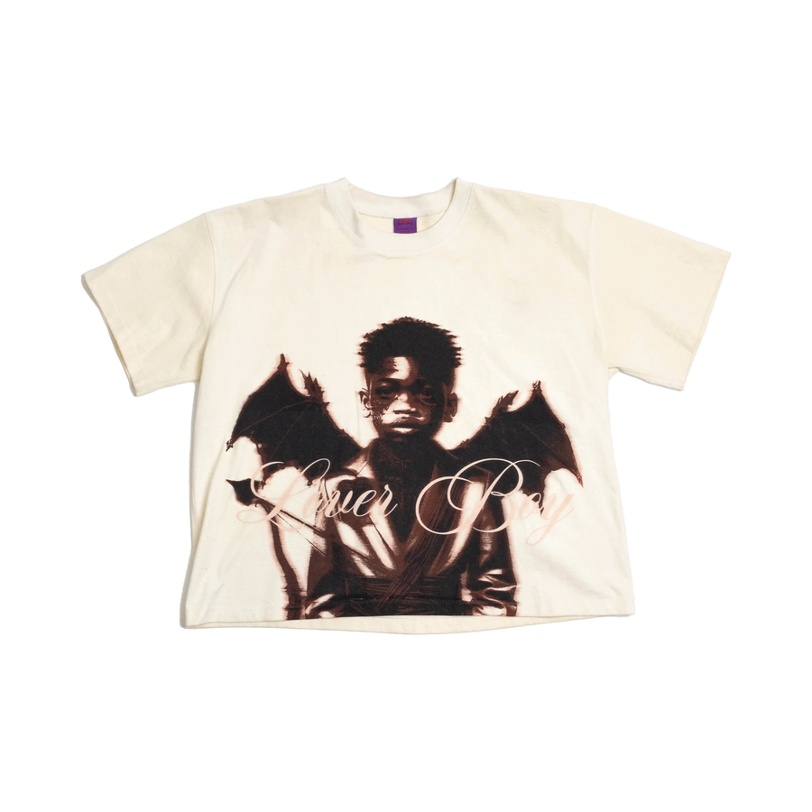 S3C-RL cream Lover Boy Tee – full view with portrait and bat-wing graphic