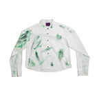 Salsa Verde white cotton button-up shirt – front view with green brushstrokes