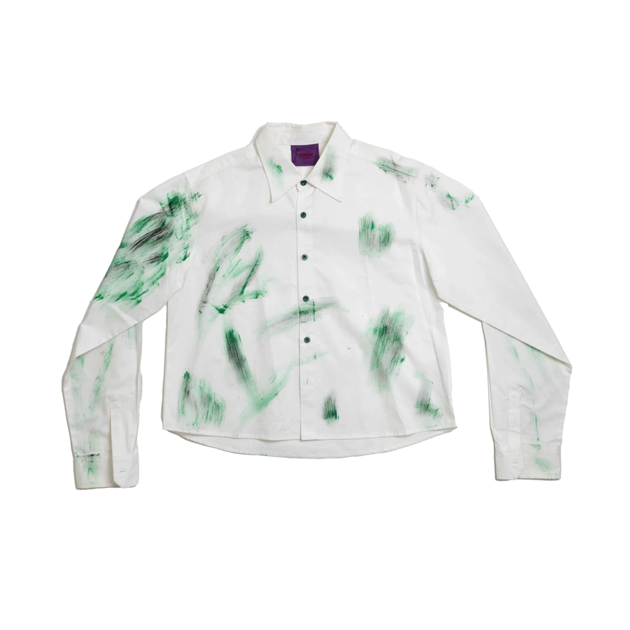 Salsa Verde white cotton button-up shirt – front view with green brushstrokes