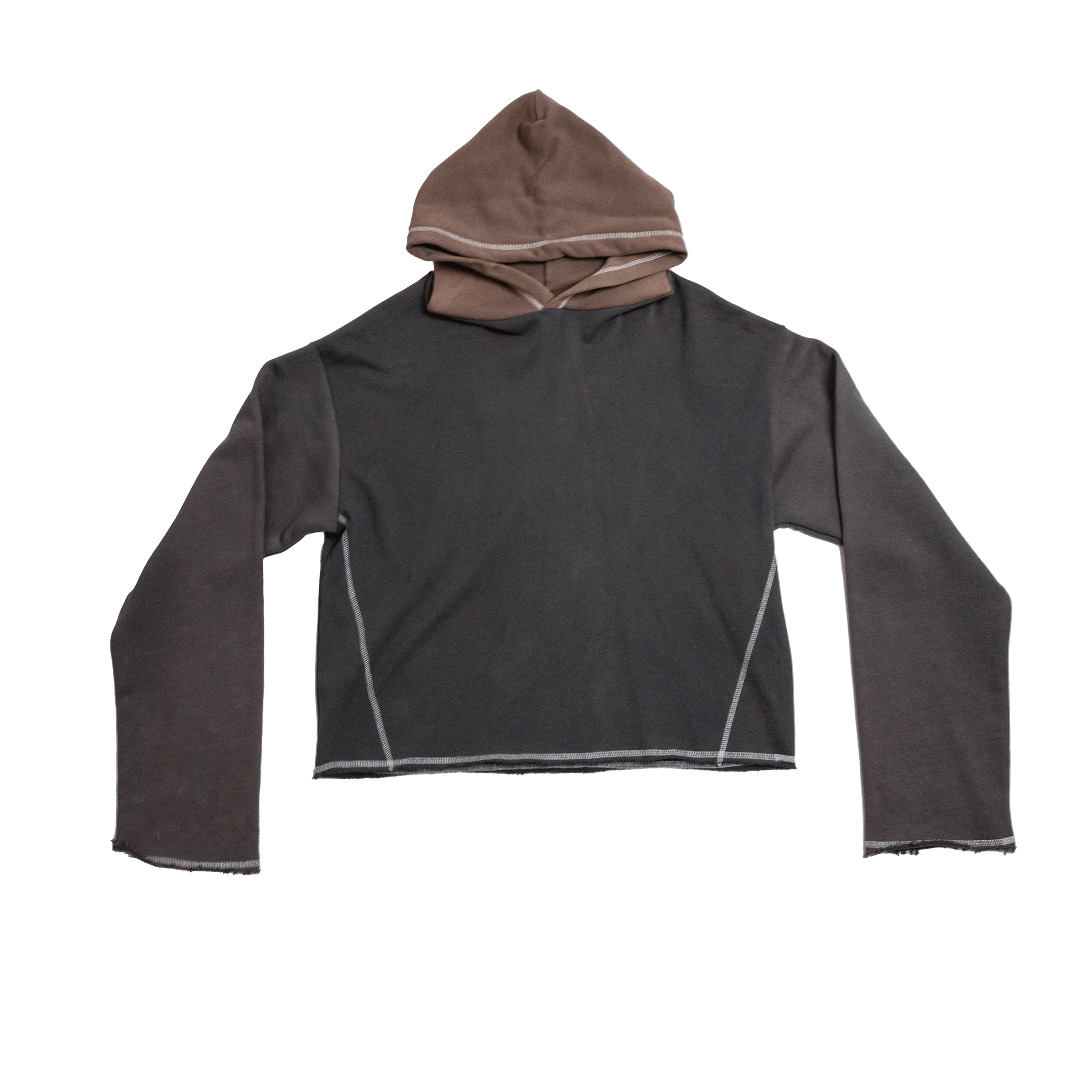 S3-CO charcoal cropped hoodie – front view with brown contrast hood
