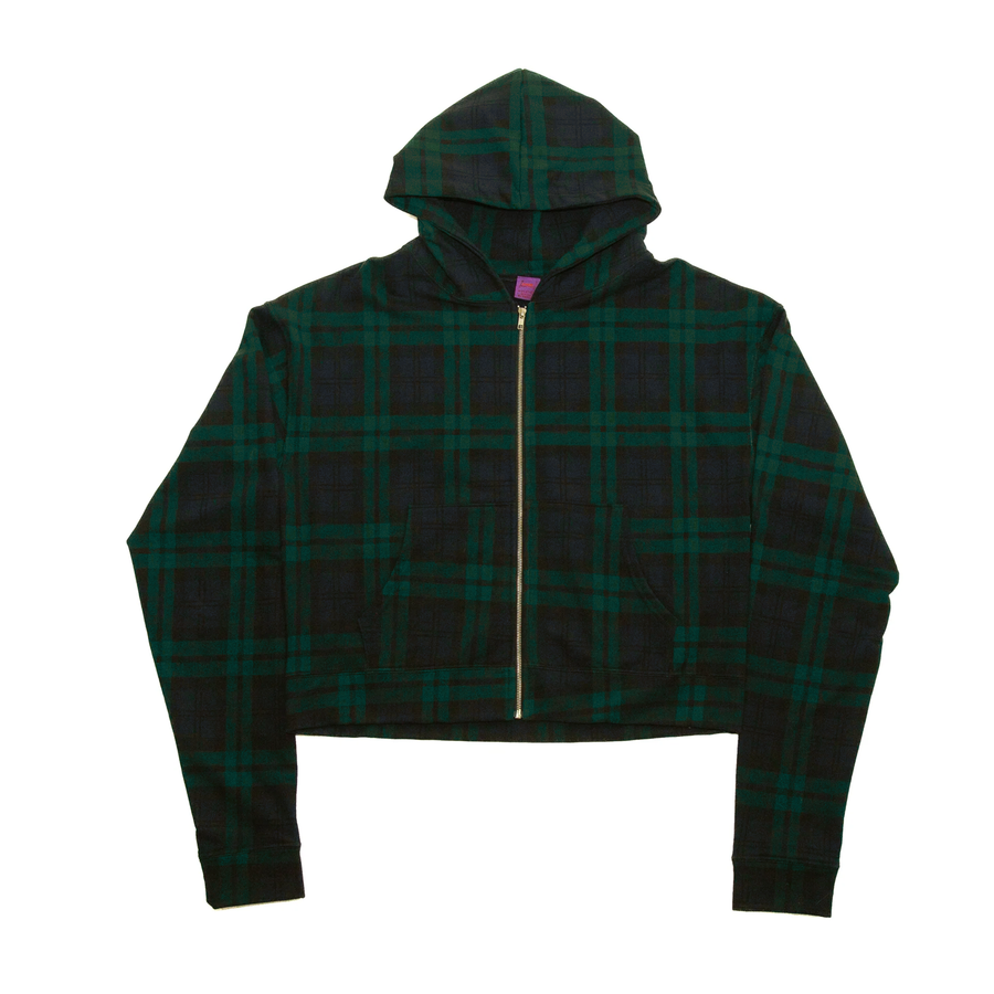 Scousers green and black plaid zip hoodie – front product view
